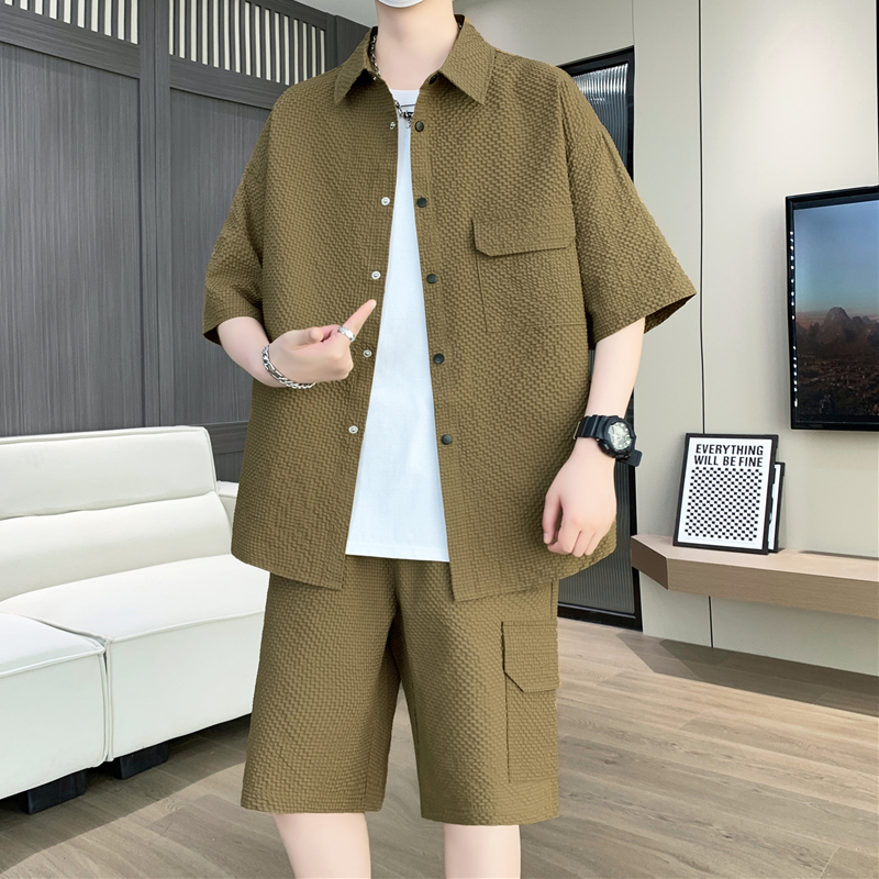 夏季新款休闲短袖衬衫套装男