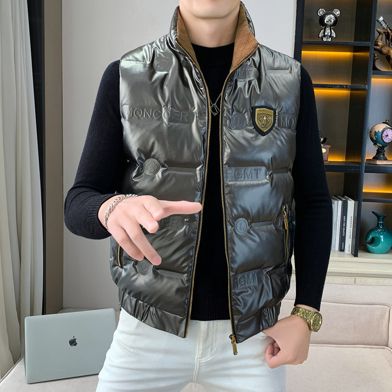 다운 조끼 남자 2024 겨울 새로운 유행 반짝 이는 잘 생긴 남자 민소매 경량 따뜻한 양복 조끼