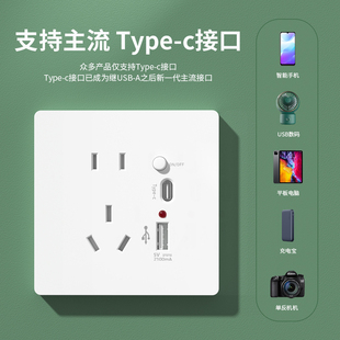 TYPE 国际电工86暗装 C插座面板家用5孔带usb电源手机充电智能快充