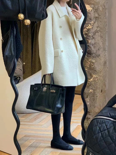 韩国OUNCE2025秋冬气质翻领双排扣中长款优雅气质羊毛大衣外套女