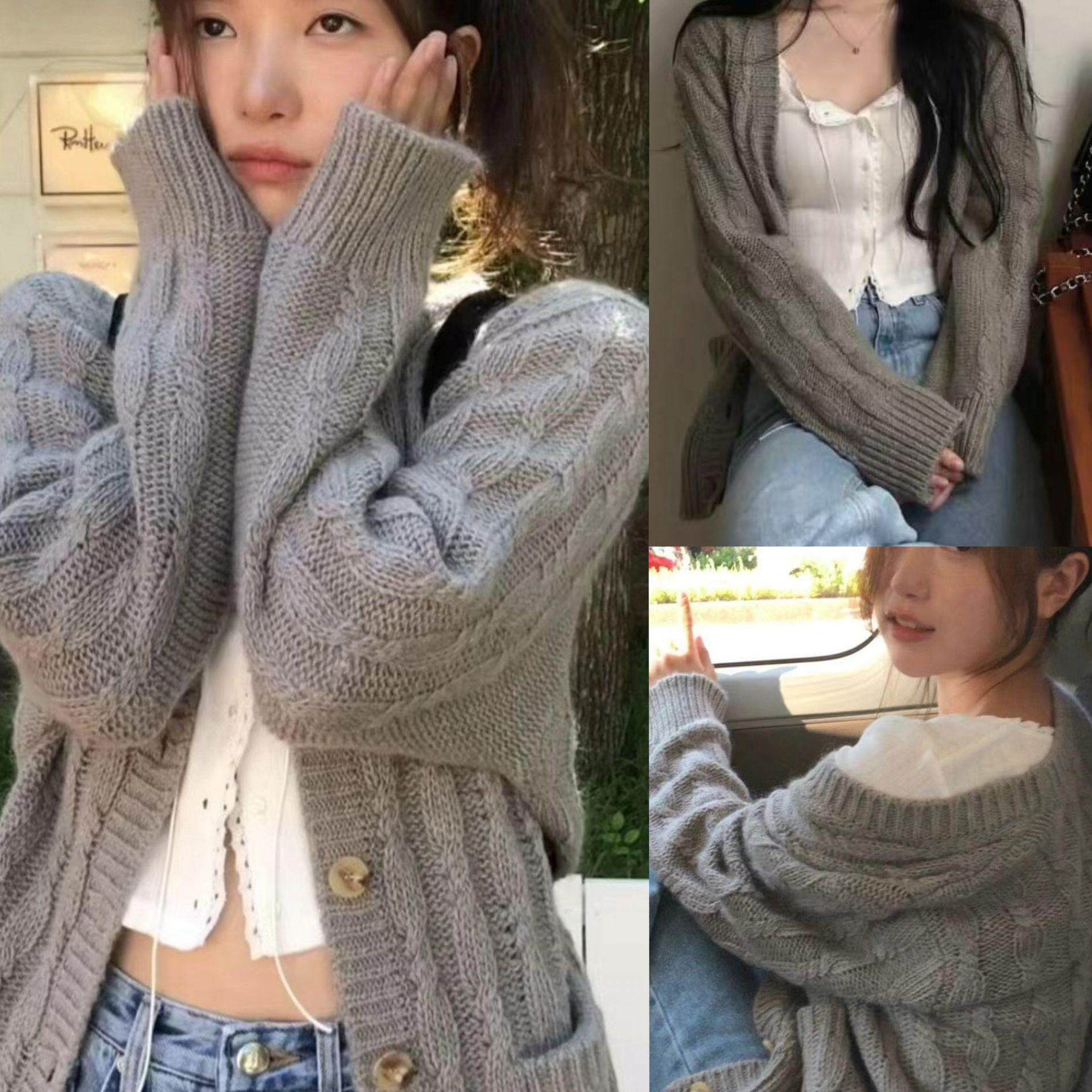 现货闭眼入韩国th*Bar*net气质复古麻花针织开衫百搭毛衣外套女