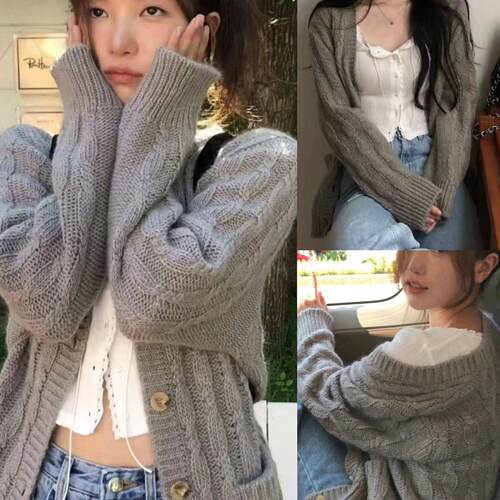 现货闭眼入韩国th*Bar*net气质复古麻花针织开衫百搭毛衣外套女