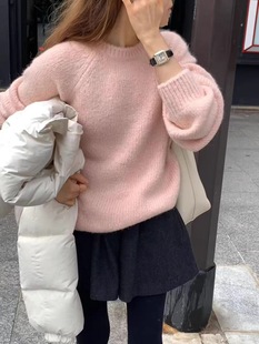 韩国OUNCE甜美温柔纯色羊毛针织衫 毛衣女 韩国冬宽松减龄套头长袖