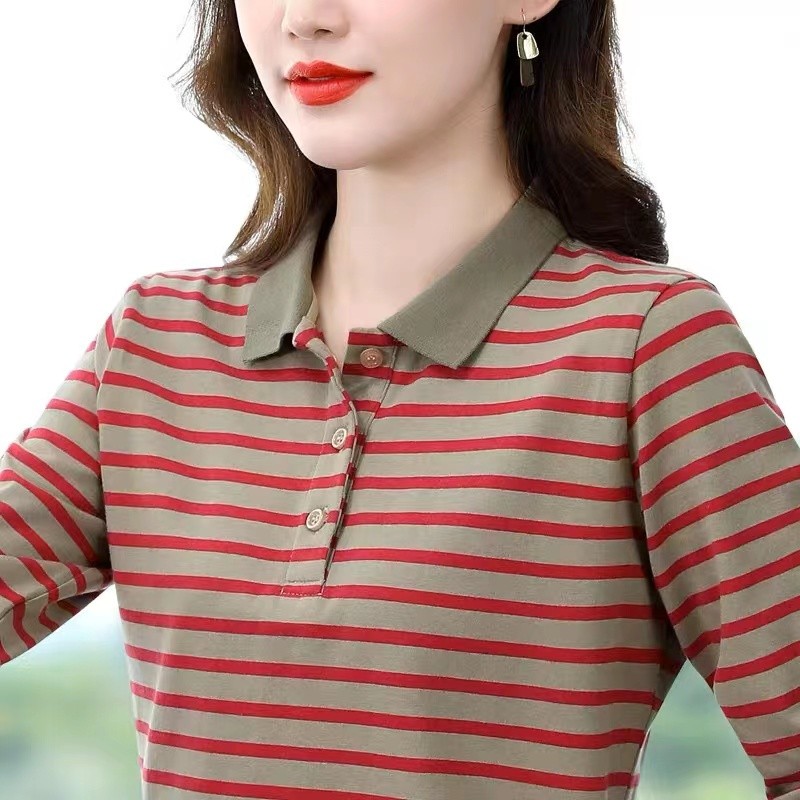 【芭拉婷】t恤女条纹长袖翻领中年妈妈洋气小衫女士打底衫外穿pol
