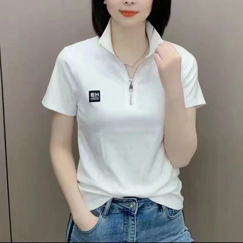【芭拉婷】2026夏季新款短袖T恤时尚女立领运动打底衫条纹休闲上