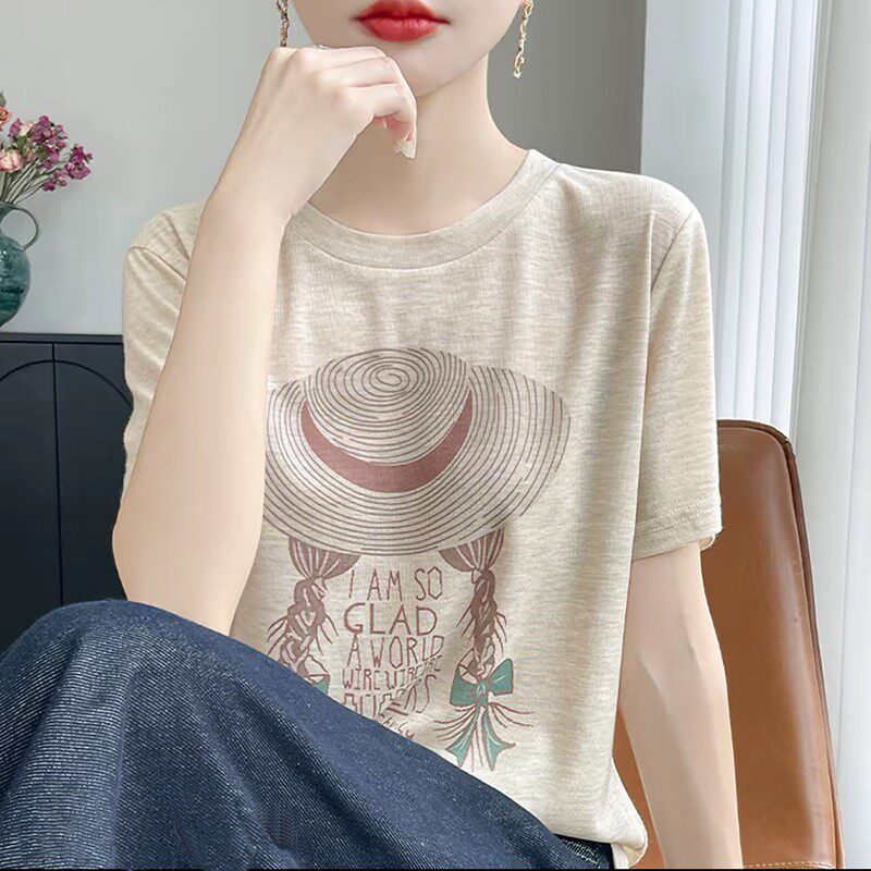 【芭拉婷】品质蕾丝上衣休闲印花短袖T恤女新款小衫宽松打底潮流