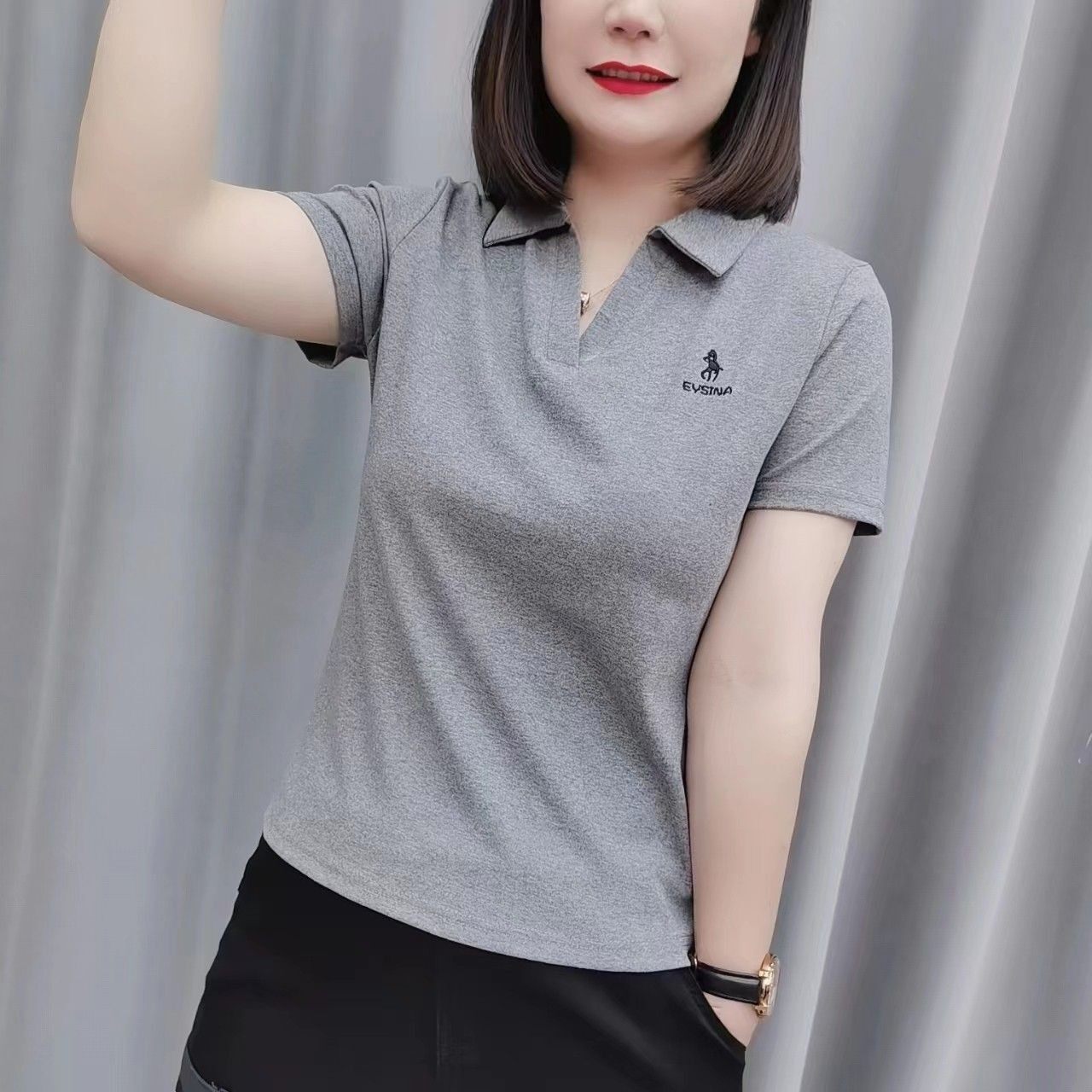 翻领短袖t恤女士夏装2026新款时尚中年妈妈气质减龄百搭纯色上衣