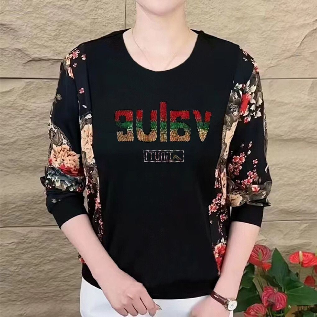 中年妈妈新款洋气长袖t恤大码打底衫女圆领显瘦时尚烫钻显瘦上衣