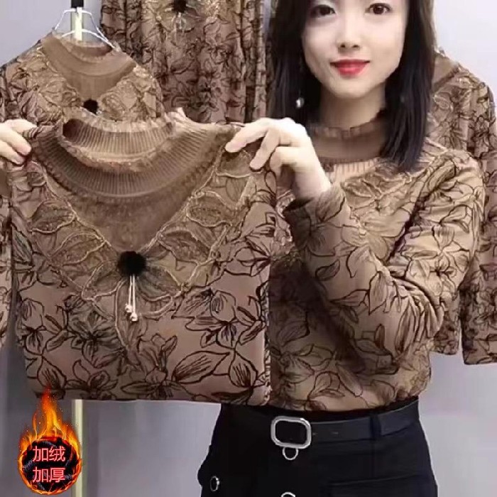 时尚小衫女秋冬新款修身显瘦百搭蕾丝打底衫减龄内搭加绒长袖上衣