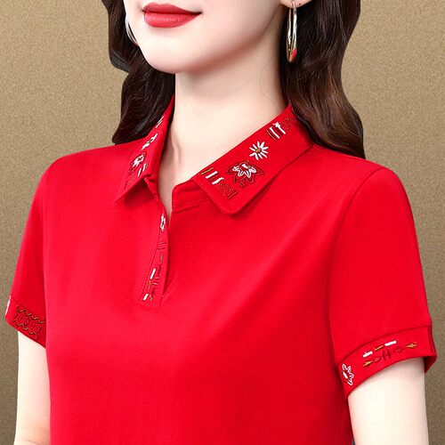 【95棉5氨纶】潮流时尚气质翻领显瘦短袖夏季装百搭简约休闲刺绣T