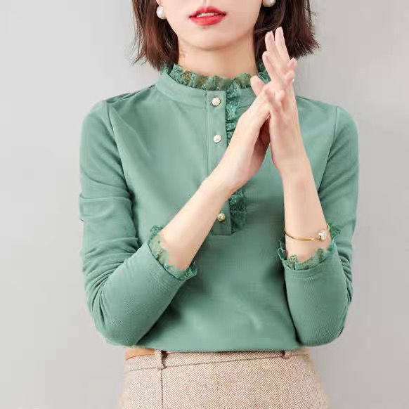 【芭拉婷】螺纹德绒t恤秋冬打底衫女2025衬衫新款立领中年妈妈长