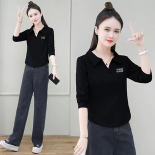 百搭秋冬季 打底妈妈装 字母长袖 翻领T恤衫 刺绣上衣 韩版 新款 时尚