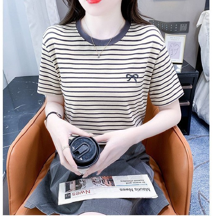 【芭拉婷】设计感蝴蝶结短袖T恤女夏季新品韩版圆领条纹洋气百搭