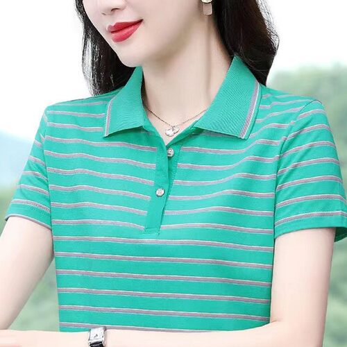 【棉95氨纶5】polo衫t恤夏季新款条纹翻领短袖中年妈妈款夏装上衣