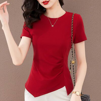 纯棉短袖t恤女2025新款夏季设计不规则洋气开叉修身显瘦对称上衣