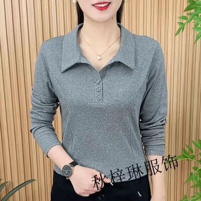 t恤女士春秋季时尚洋气简约纯色翻领长袖刺绣显瘦POLO领打底小衫