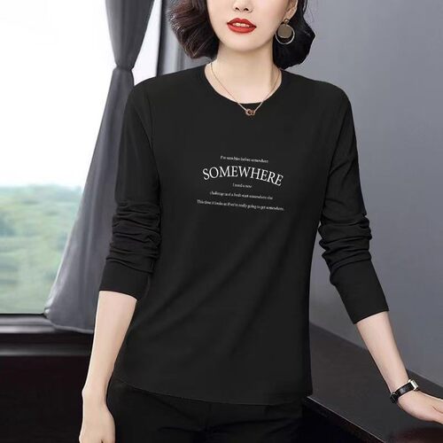【芭拉婷】高档春秋季新品时尚洋气印花百搭显瘦气质长袖女士T恤