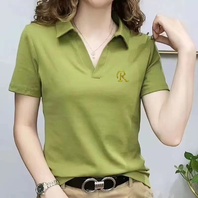 纯棉短袖t恤女2025夏季新款V领修身显瘦百搭polo衫翻领短款上衣女