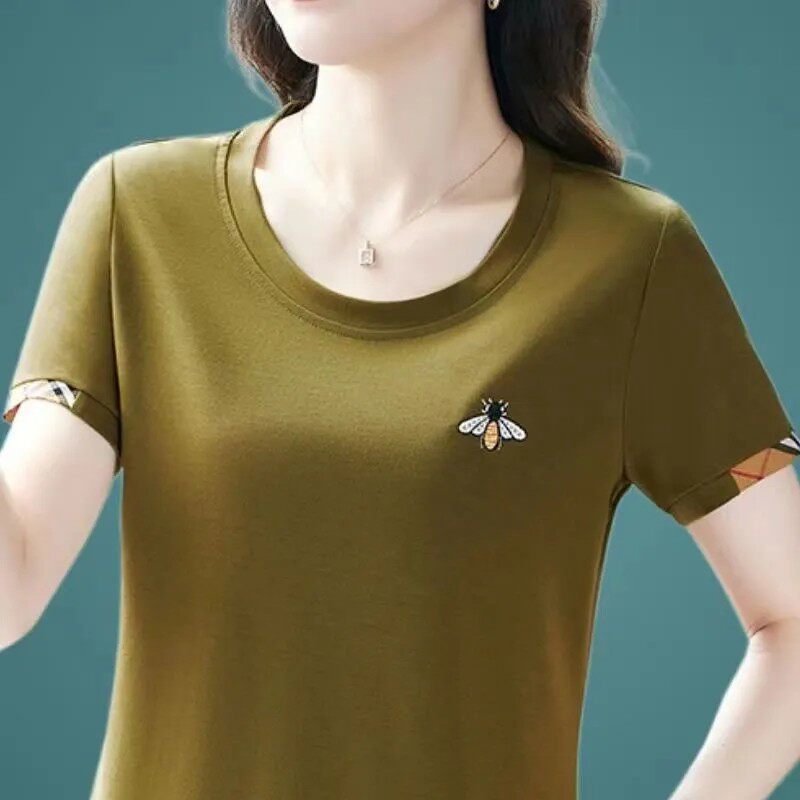 2026夏季短袖T恤大码女装洋气时尚上衣女百搭翻领圆领蜜蜂体恤衫