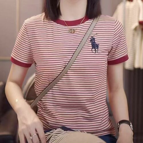 【芭拉婷】短袖T恤女2026夏季新款圆领气质修身半袖精致条纹绣花