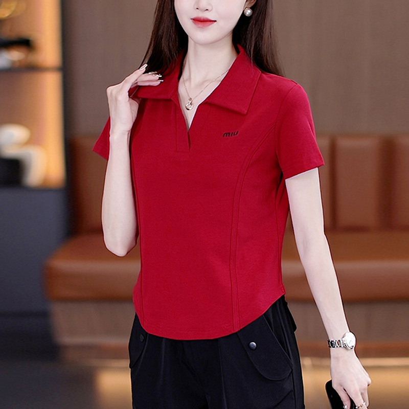 POLO领纯棉短袖T恤女2025夏季新款修身显瘦翻领红色百搭纯色上衣