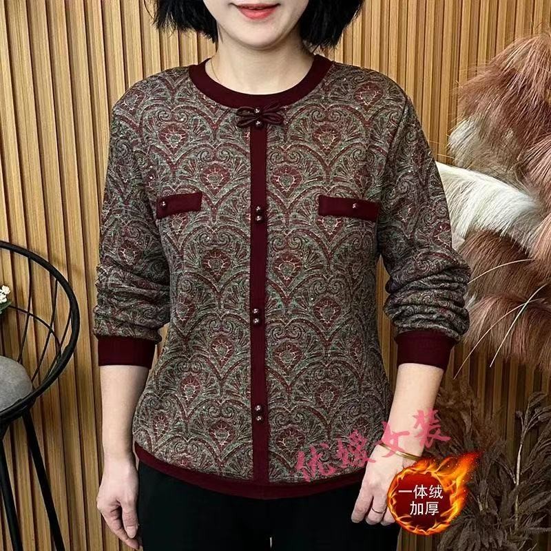 【芭拉婷】复合加绒爆款女士长袖新款妈妈中年宽松高档小衫中年人