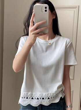 棉质短袖显瘦花边蕾丝T恤女夏季芭拉婷宽松拼接2026新款纯色白色