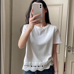 棉质短袖显瘦花边蕾丝T恤女夏季芭拉婷宽松拼接2026新款纯色白色