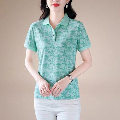 中年洋气短袖上衣女夏2025新款大码印花冰丝翻领T恤POLO衫妈妈装