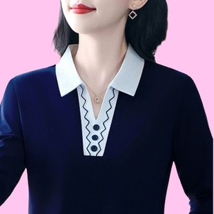 新款 妈妈翻领t大码 长袖 上衣装 恤中老年显瘦女减龄洋气春秋 POLO衫