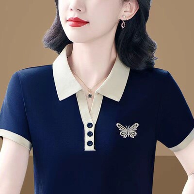 夏季新款时尚大码女装polo领翻领运动中老年女装短袖休闲T恤上衣