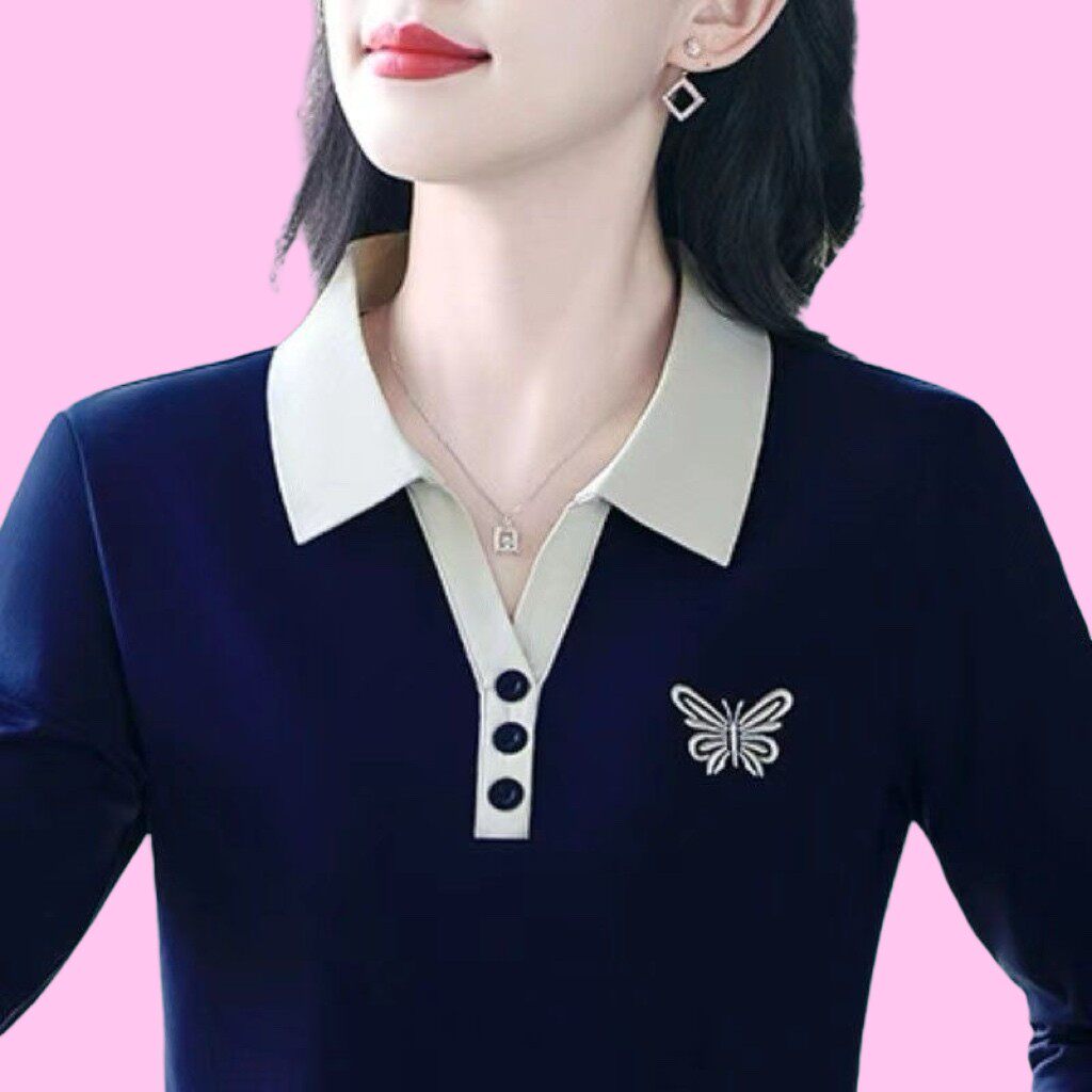 【芭拉婷】【052#M-4XL/5色】秋季新款女士T恤长袖翻领Polo衫中年