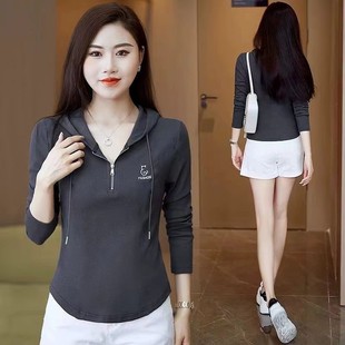 纯色衫 女长袖 宽松春秋绣花打底搭 T恤上衣2025纯色连帽百新款 新款