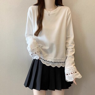 芭拉婷 大码 白色蕾丝纯棉长袖 女春秋新款 微胖mm设计 t恤打底衫