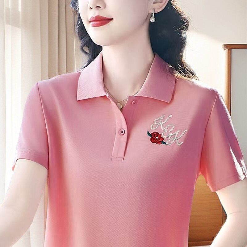 夏季新款时尚polo领翻领中老年妈妈装短袖大码女装休闲T恤上衣潮