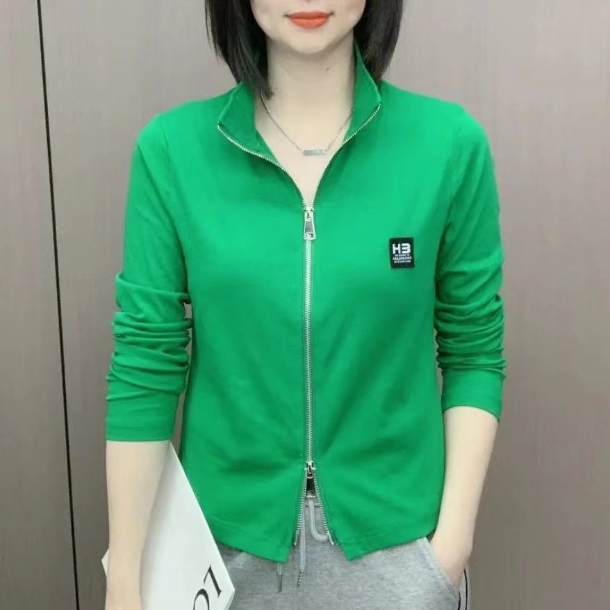 长袖双拉链立领T恤女2025春季新款洋气宽松显瘦百搭设计感上衣女