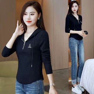 春秋装 百搭长袖 纯色打底T恤2025刺绣上衣衫 新款 连帽运动女新款