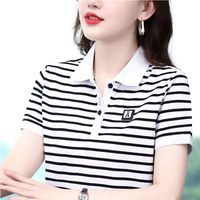 条纹Polo领女士短袖t恤2025夏季新款显瘦韩版翻领大码小衫上衣潮