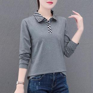 芭拉婷 中年2025装 纯棉宽松T恤POLO长袖 妈妈格子年新款 有 女装