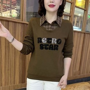 芭拉婷 中年长袖 高档妈妈女士宽松爆款 恤长袖 中年人女士小衫