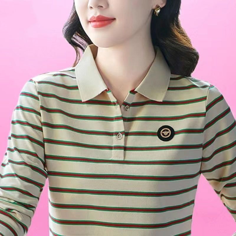 【芭拉婷】长袖t恤衫女士春秋装2025新款韩版条纹翻领polo衫中年