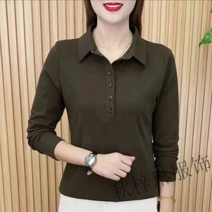 大码 秋季 女士上衣领2025翻领衬衫 妈妈中老年长袖 POLOT恤早 装 时尚