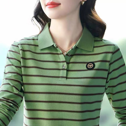 大码polo衫2025春秋装新款女士条纹长袖t恤中年妈妈女装翻领上衣