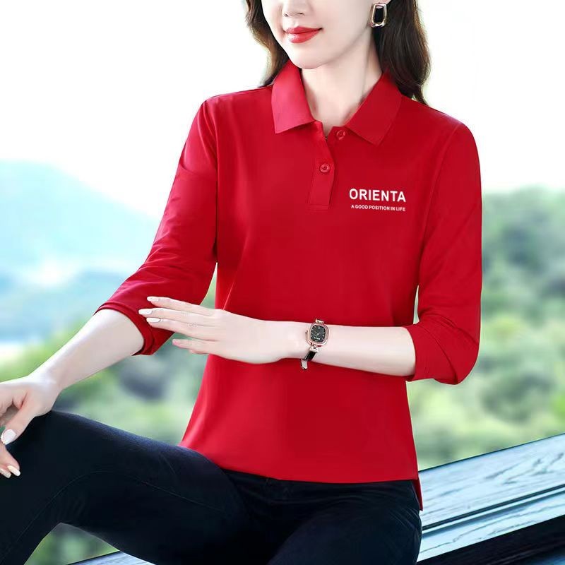 【芭拉婷】100%品质翻领长袖t恤女春秋季新款POLO中年人运动休闲