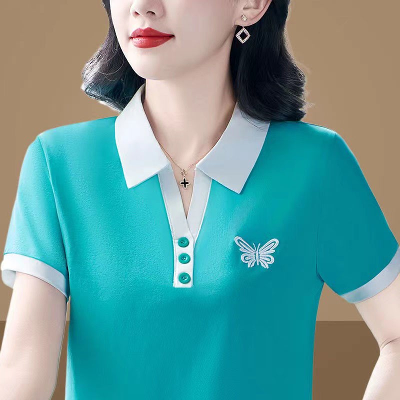 2026夏季新款时尚韩版妈妈装翻领大码宽松遮肚子显瘦t恤短袖上衣