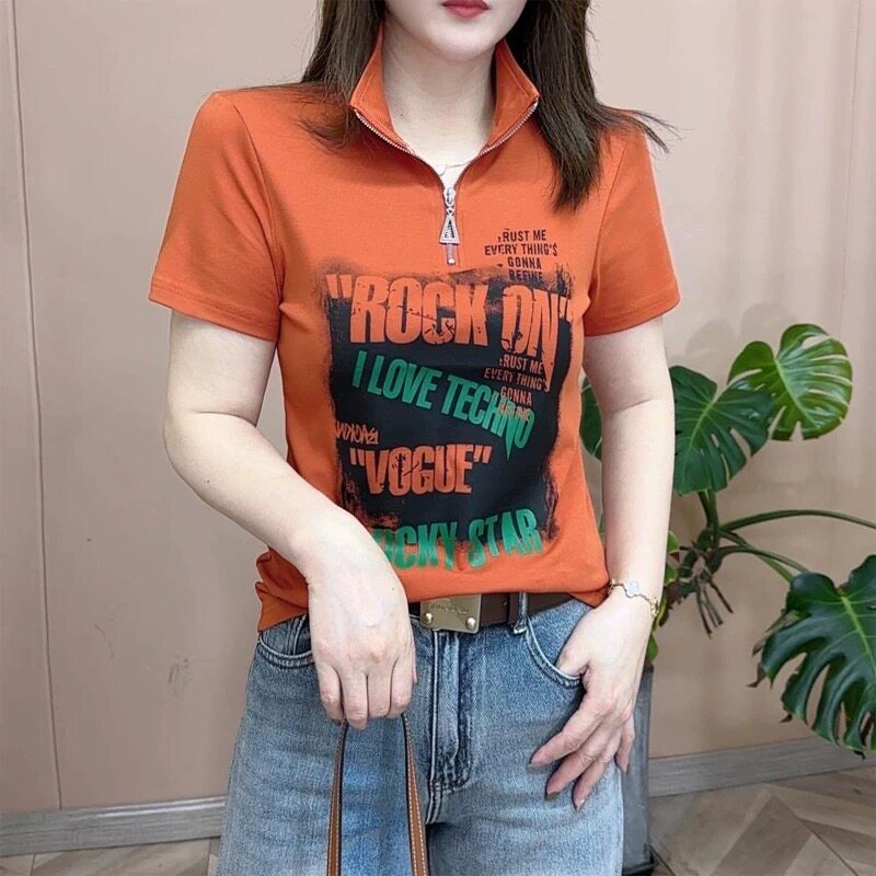 洋气妈妈装时尚半拉链短袖上衣女夏季新款字母印花休闲显瘦t恤女