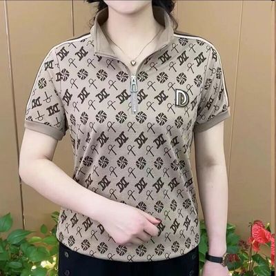 新款妈妈装夏季休闲百搭小衫中老年女装翻领减龄短袖polo衫t恤女