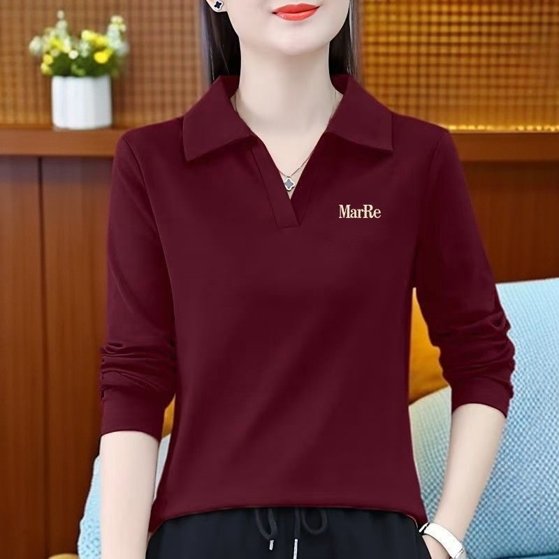 【芭拉婷】100%品质妈妈翻领长袖t恤女秋季新款POLO中年人运动休