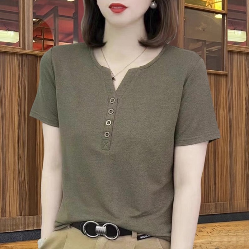 【芭拉婷】夏季新款妈妈短袖t恤女中年大码女装洋气V领纯色显瘦小