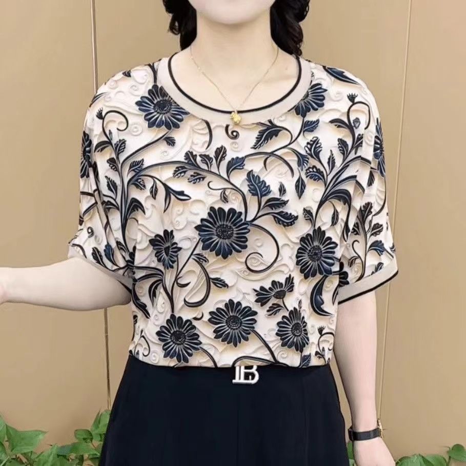 高档妈妈装短袖T恤夏季新款休闲上衣中年女洋气减龄显瘦打底衫